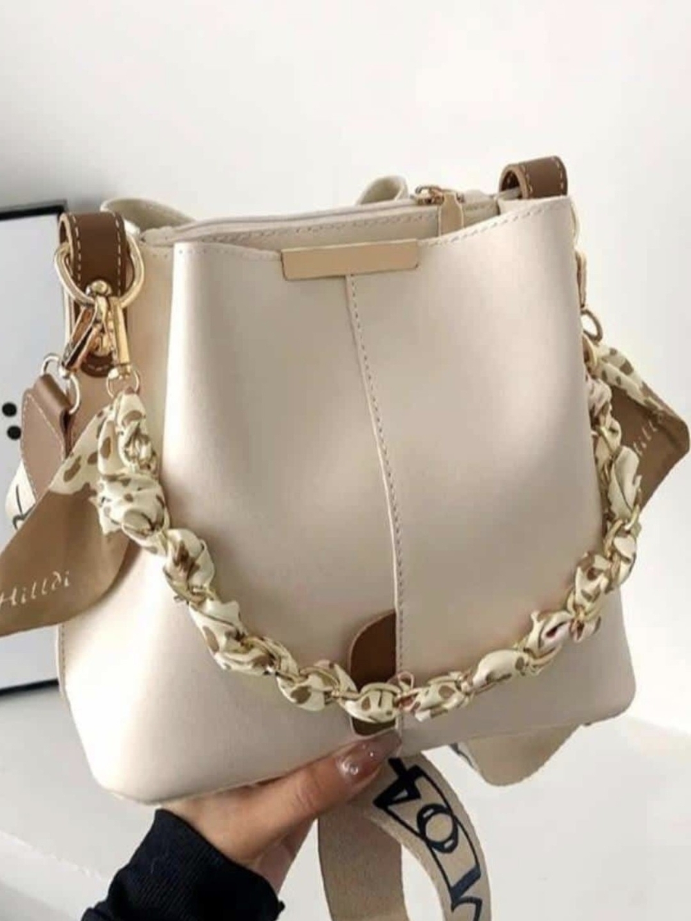 Cream Shoulder Bag with Braided Chain Accent
